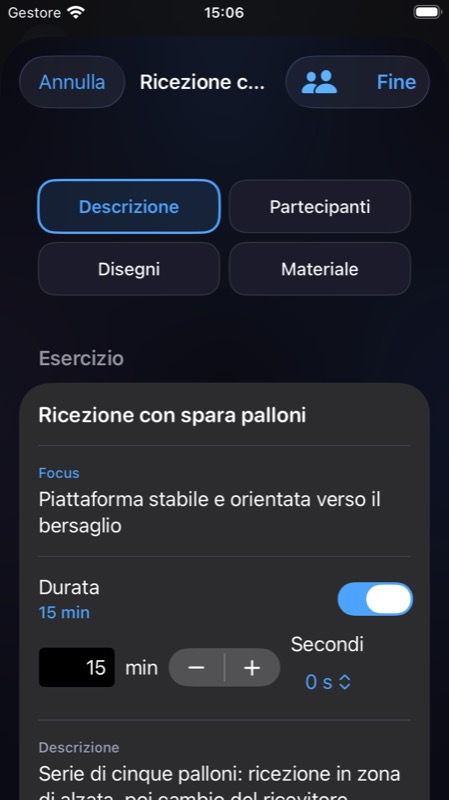 Editor di un esercizio su iPhone con sezioni Descrizione, Partecipanti, Disegni e Materiale, focus e durata