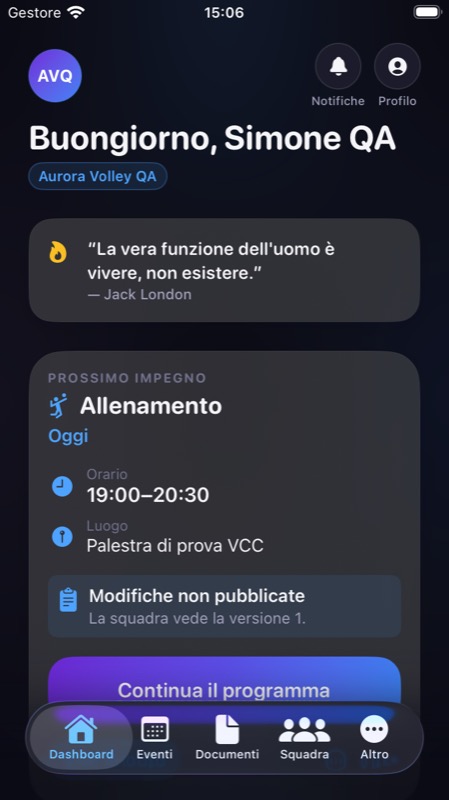 Dashboard del coach su iPhone con il prossimo allenamento, orario e luogo