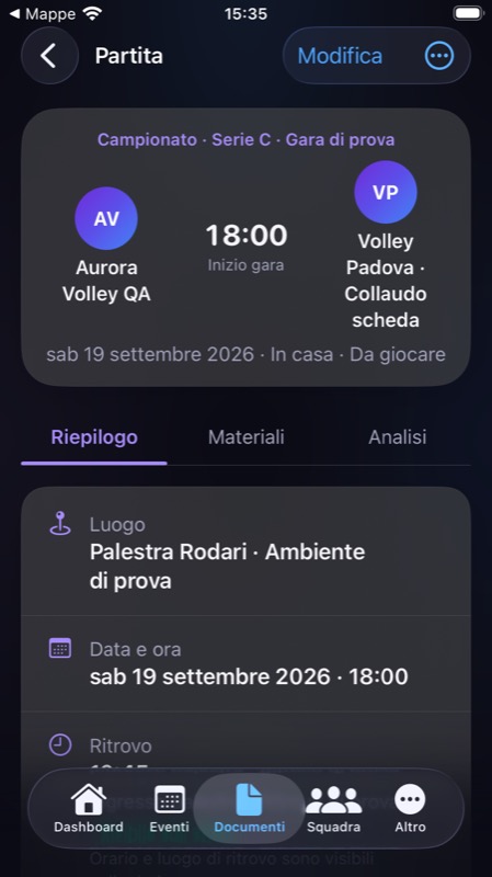 Scheda partita su iPhone con avversario, orario, sezioni Riepilogo, Materiali e Analisi